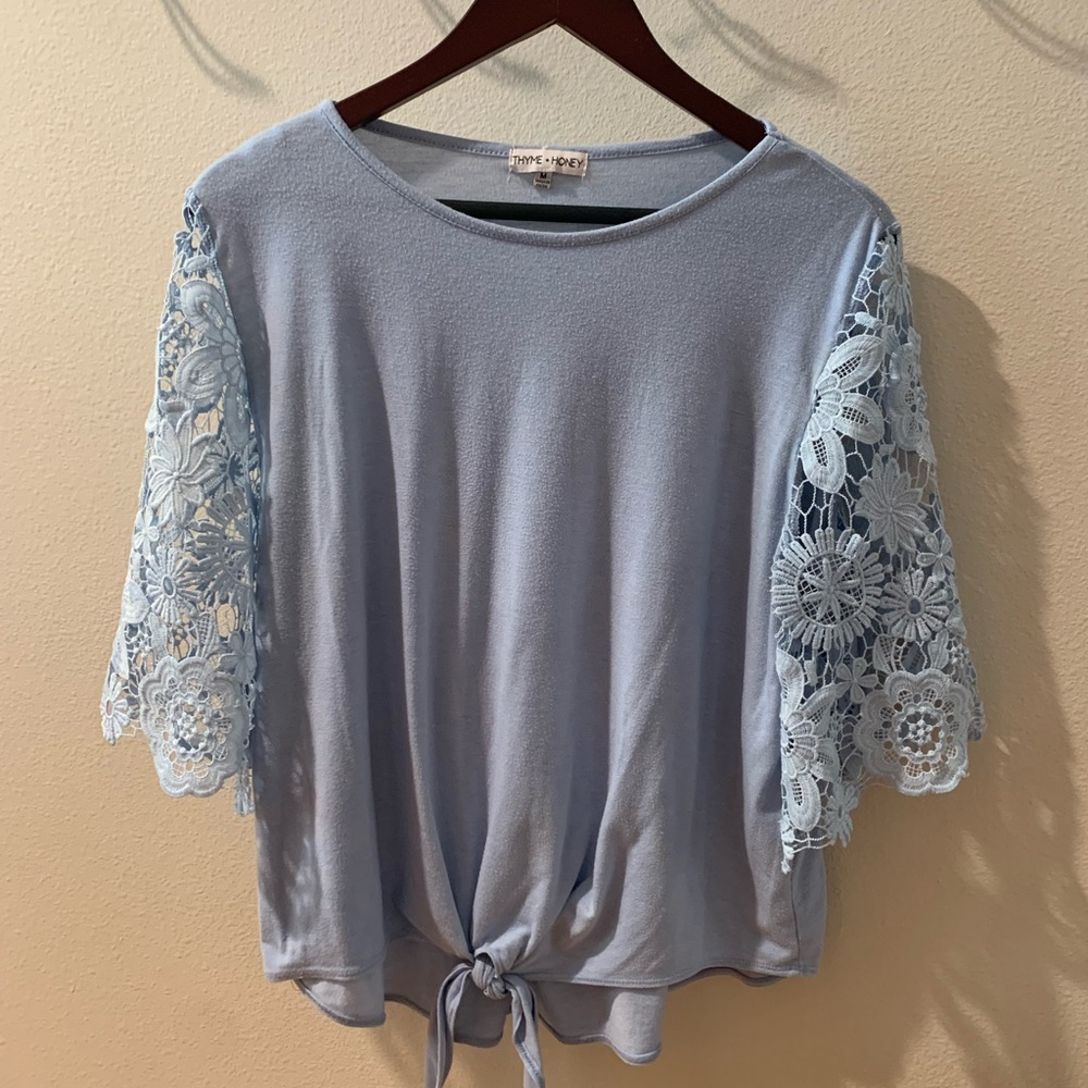 Light Blue Lace-Sleeve Tie-Front Women's Top